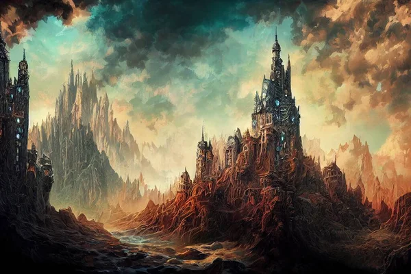 fantasy design roots, mountains, castle illustration art