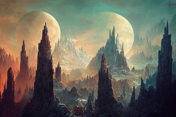 fantasy design mountains, castle, moon illustration art