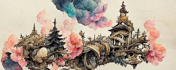 abstract watercolor east style with castle illustration art