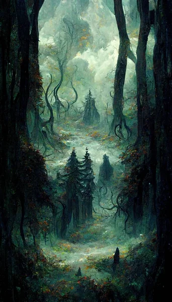 Gloomy forest with scary trees illustration art
