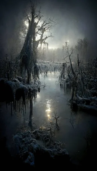 Frozen swamp trees snowing illustration art