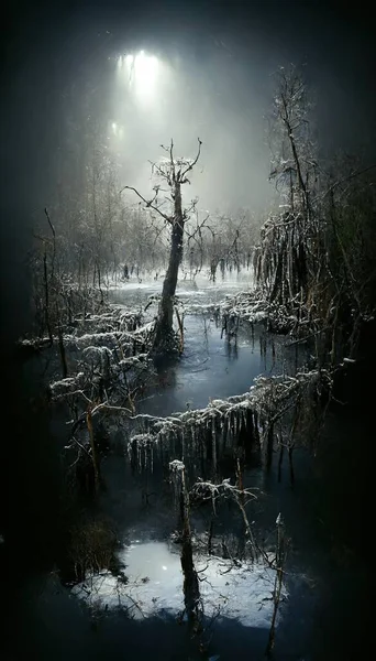 Frozen swamp trees snowing illustration art