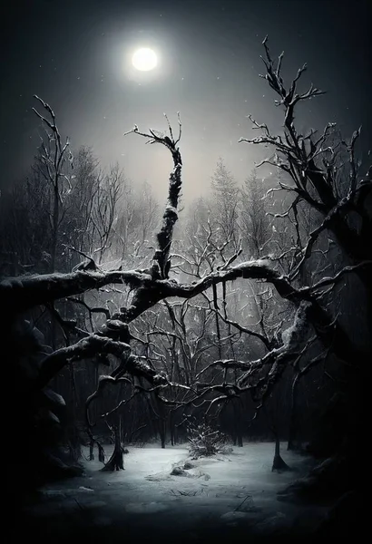 Frozen swamp trees snowing illustration art