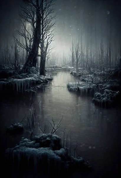 Frozen swamp trees snowing illustration art