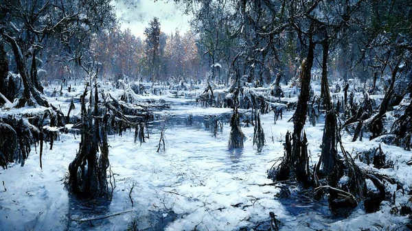 Frozen swamp trees snowing illustration art