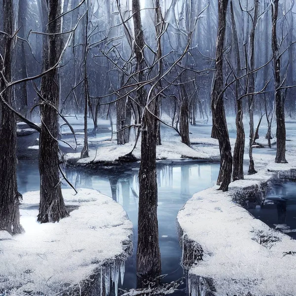 Frozen swamp trees snowing illustration art