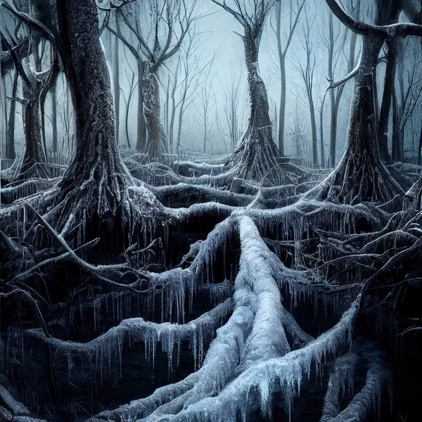 Frozen swamp trees snowing illustration art