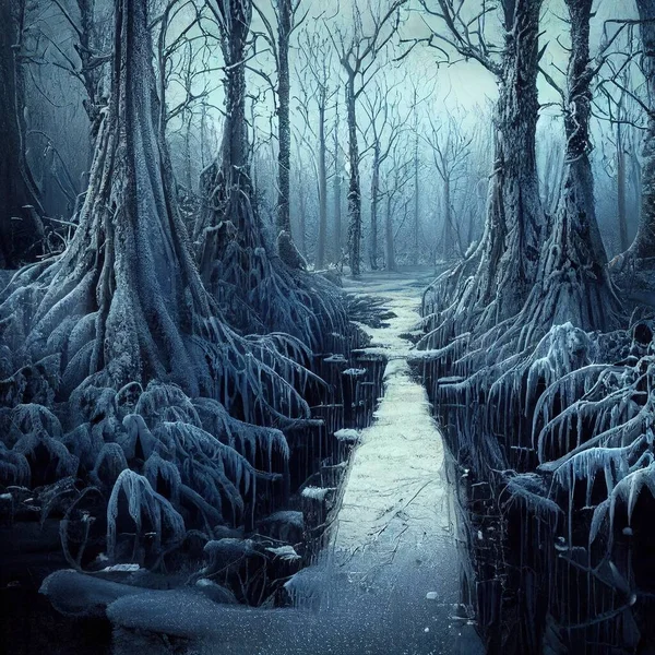 Frozen swamp trees snowing illustration art