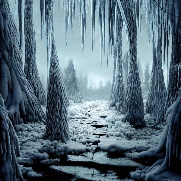 Frozen swamp trees snowing illustration art