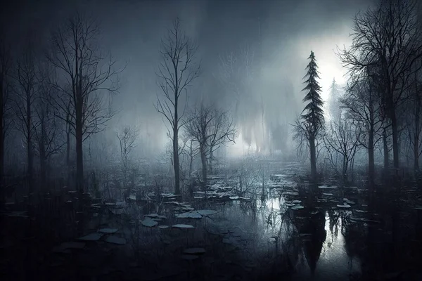 Frozen swamp trees snowing illustration art