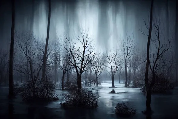 Frozen swamp trees snowing illustration art