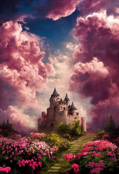 Fantasy garden castle with many flowers, roses and clouds illustration art