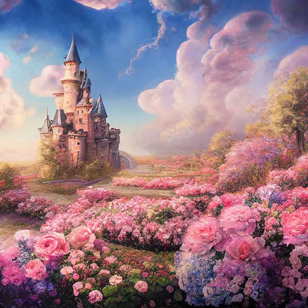 Fantasy garden castle with many flowers, roses and clouds illustration art