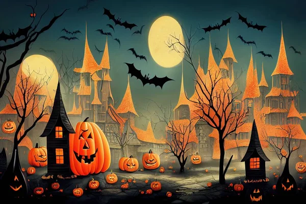 Halloween design with houses, bats, silhouettes, pumpkins illustration art