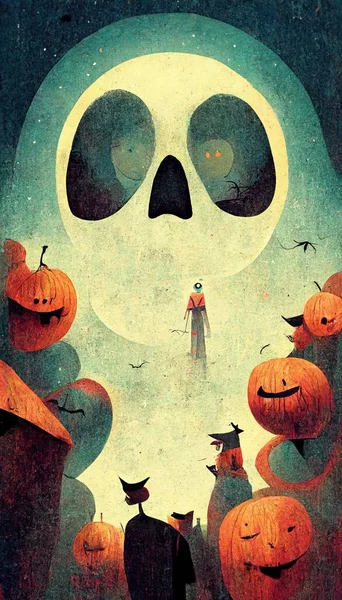 Halloween cartoon style with moon, pumpkins, skull illustration art