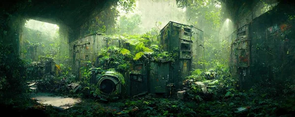 abandoned places overgrown with jungle, post-apocalypse illustration art