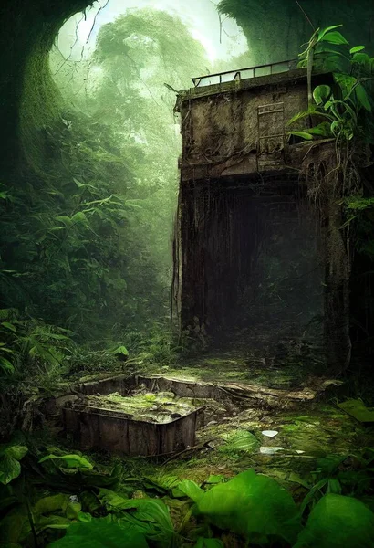 abandoned places overgrown with jungle, post-apocalypse illustration art