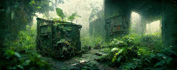 abandoned places overgrown with jungle, post-apocalypse illustration art