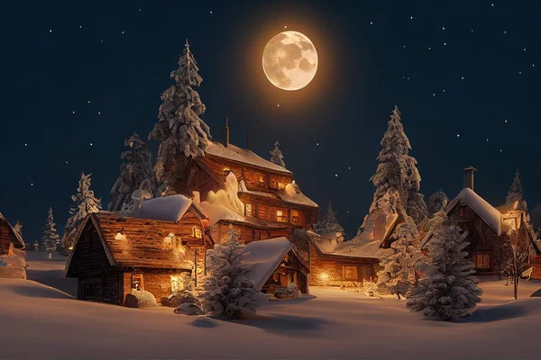 winter village covered with snow near mountains and trees at night with  full moon illustration art - Stock Image - Everypixel