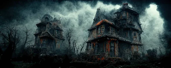 Scary house at night. Halloween design background wallpaper illustration art