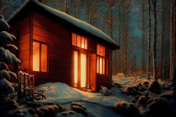 Cabin in winter forest with warm lights in the windows illustration art