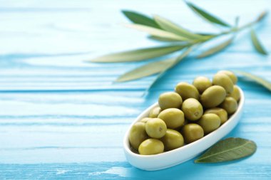 Mavi arka planda yaprakları olan taze zeytinler. Üst görünüm