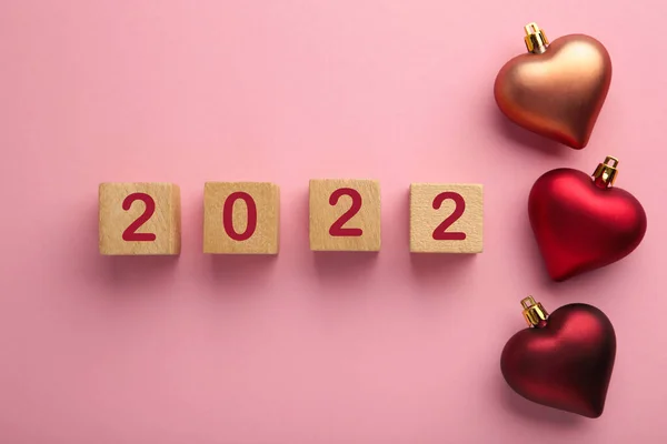 Fundo Natal Com Corações Vermelhos Numerais 2022 Conceito Ano Novo — Fotografia de Stock