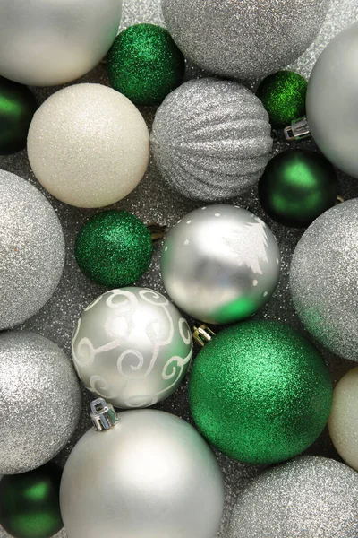 Green Silver Christmas Bauble Balls Background Top View Stock Image