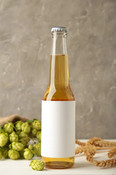 Beer Bottle Hop Cones Wheat Grey Background Close Top View — Stock Photo, Image