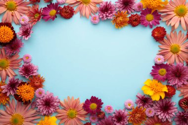 Mavi kağıtta pembe çiçekler. Çiçek bileşimi.