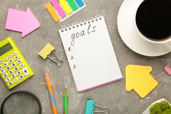 Goals Memo Notebook Cup Coffee Grey Background Top View — Stock Photo, Image