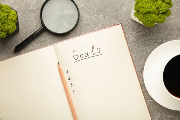 Goals Memo Notebook Cup Coffee Grey Background Top View — Stock Photo, Image