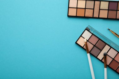 Profesyonel makyaj paleti, mavi arka planda fırçalar ve fotokopi alanı. Üst görünüm.