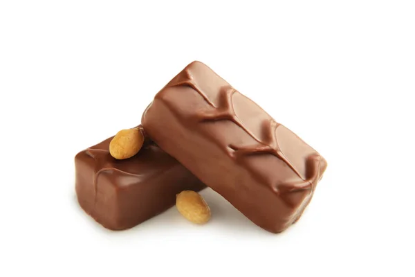 Chocoladereep Met Karamel Pinda Geïsoleerd Witte Achtergrond Bovenaanzicht — Stockfoto