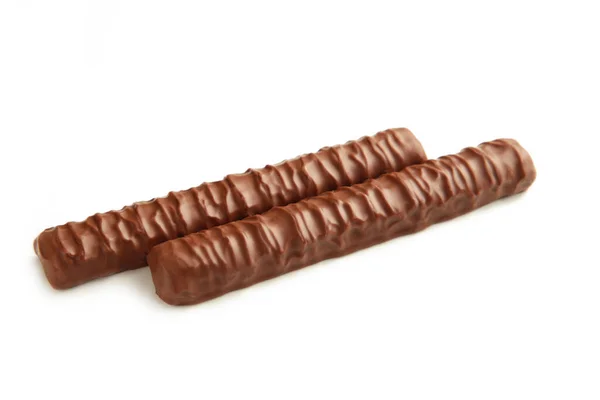 Deux Barres Chocolat Isolées Sur Fond Blanc Snack Sucré — Photo