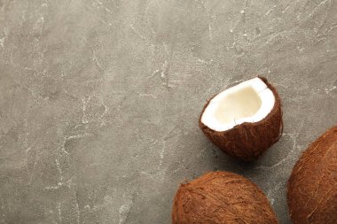 Fresh coconut on grey background. Top view.