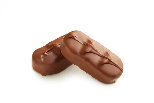 Шоколадний Батончик Карамеллю Ізольовано Білому Тлі Вид Зверху — стокове фото