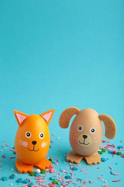 Easter Holiday Concept Cute Handmade Eggs Dogs Cat Blue Background — Photo