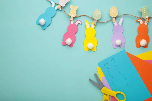 Easter Bunnies Handmade Colored Paper Easy Crafts Kids Blue Background — Stock Photo, Image