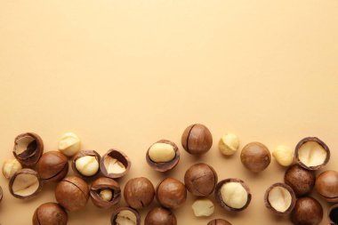 Bej arka planda soyulmuş macadamia fındıkları. Üst görünüm.