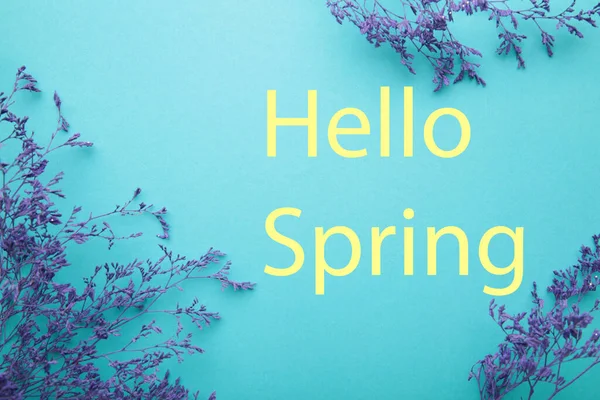 Inscriptie Hello Spring Met Bloemen Blauwe Achtergrond Bovenaanzicht — Stockfoto