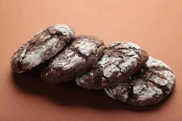 Dolci Biscotti Cioccolato Fondente Sfondo Marrone Vista Dall Alto — Foto Stock