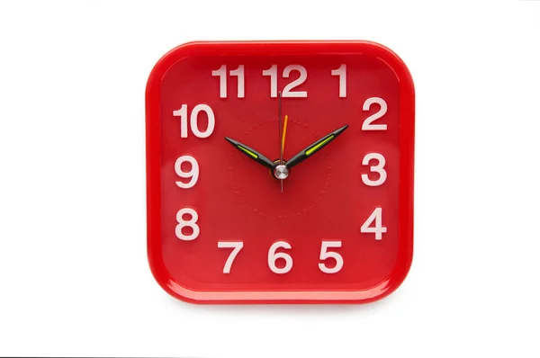 Red Alarm Clock Isolated White Background Close Clipping Path Top — Fotografie, imagine de stoc