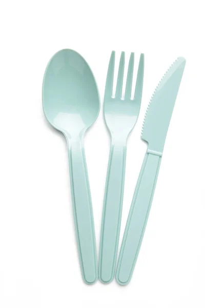 Many Blue Plasic Forks Spoons Knives Isolated White Background Top — Fotografia de Stock