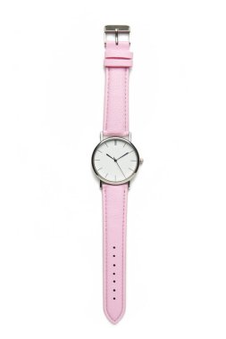 Beyaz arka planda pembe kayışlı bir kol saati. Üst görünüm