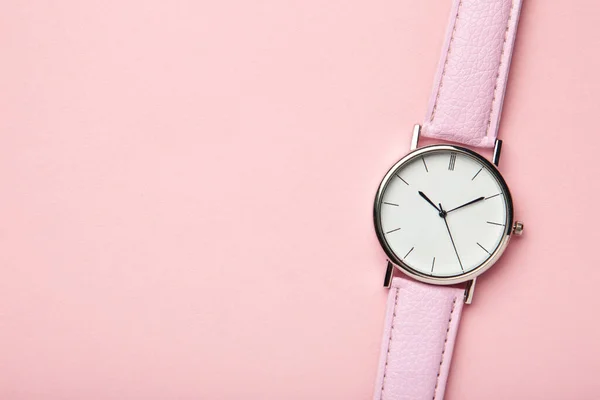 Pink Wrist Watches Pink Background Copy Space Top View — Zdjęcie stockowe