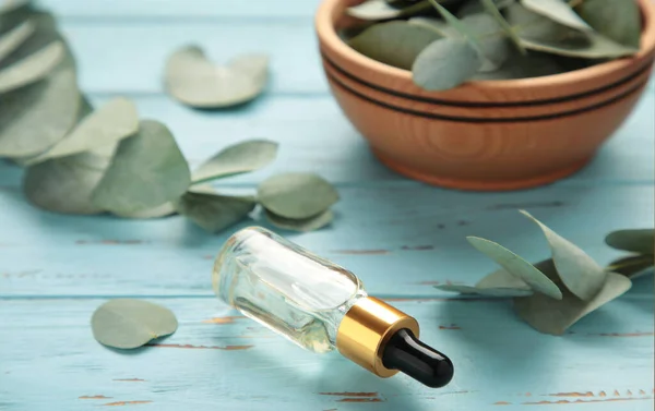 Eucalyptus Essential Oil Bottle Green Leaves Blue Background Natural Organic — Stockfoto