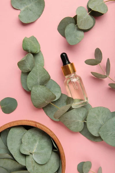 Eucalyptus Essential Oil Bottle Green Leaves Pink Background Top View — Stockfoto