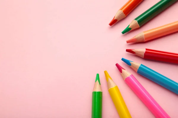 Color Pencils Pink Background Top View — Zdjęcie stockowe