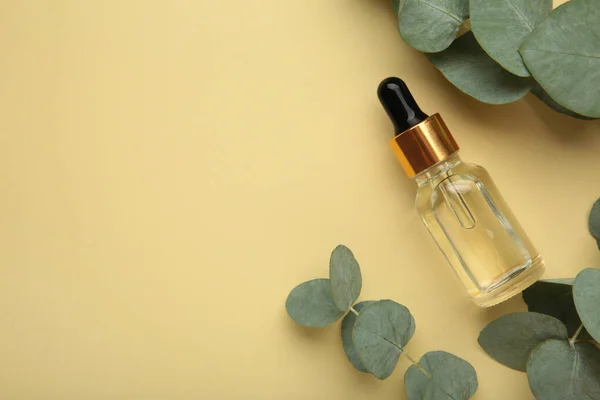 Eucalyptus Essential Oil Bottle Green Leaves Beige Background Top View — Stock Photo, Image